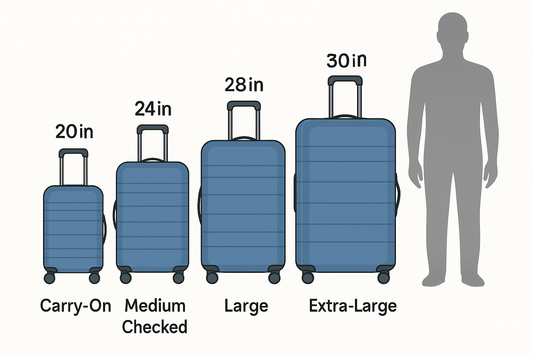 Illustration of four suitcases (Carry-On, Medium, Large, Extra-Large) side by side next to an adult silhouette for scale, with size labels 20in, 24in, 28in, and 30in above each.