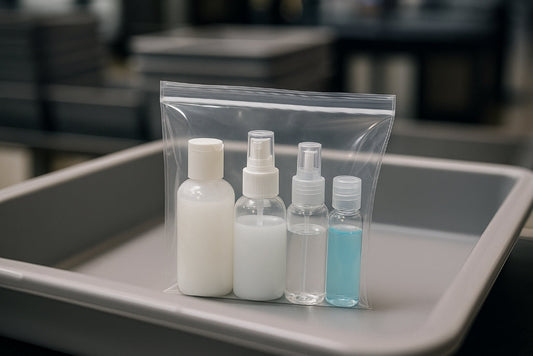 Transparent quart-size plastic bag with four travel-size liquid bottles in an airport security bin, illustrating the TSA 3-1-1 carry-on rule.
