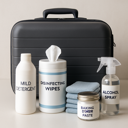 Essential luggage cleaning products including mild detergent, disinfecting wipes, alcohol spray, baking soda paste, microfiber cloths, and a hard-shell suitcase.