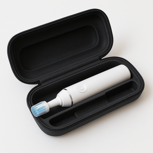 Electric toothbrush in a protective travel case ready for luggage.