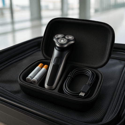 Electric shaver and spare batteries neatly packed in a foam-lined travel case inside a carry-on suitcase.