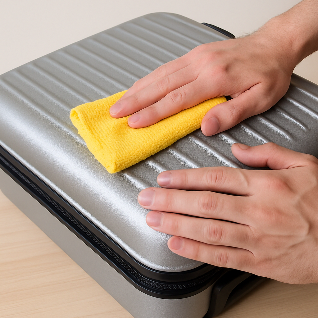 Hands wiping a silver hard-shell suitcase with a yellow microfiber cloth during exterior cleaning.