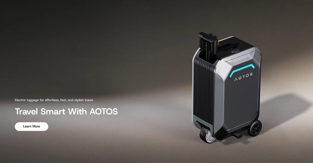 Hero banner of the AOTOS L2 smart rideable suitcase — sleek black electric carry-on with blue LED logo and joystick handle, showcasing fast and stylish travel