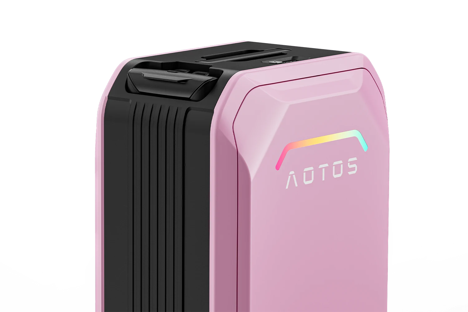 Front-angle hero shot of pink AOTOS L2 smart ride-on luggage featuring rainbow LED logo and durable ribbed composite shell