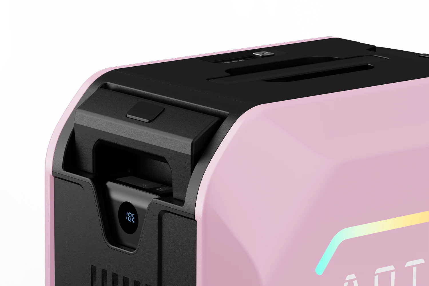 AOTOS L2 smart rideable luggage – close-up of the removable lithium-ion battery pack with LED charge indicator in the pink shell