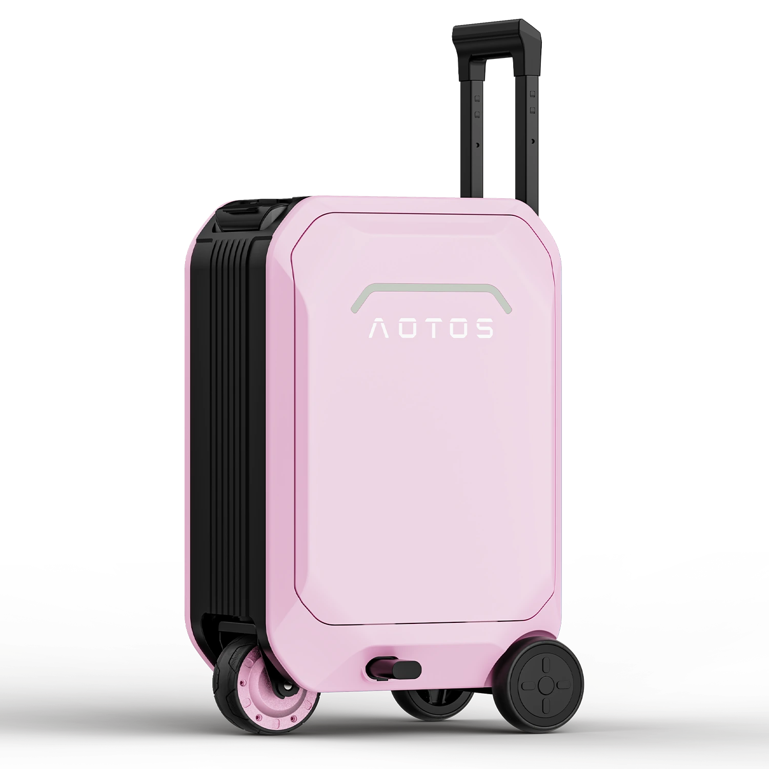 Blush-pink AOTOS L2 smart rideable suitcase — angled hero shot featuring telescopic pull handle, motorized dual-wheel drive and LED front logo for stylish electric carry-on travel
