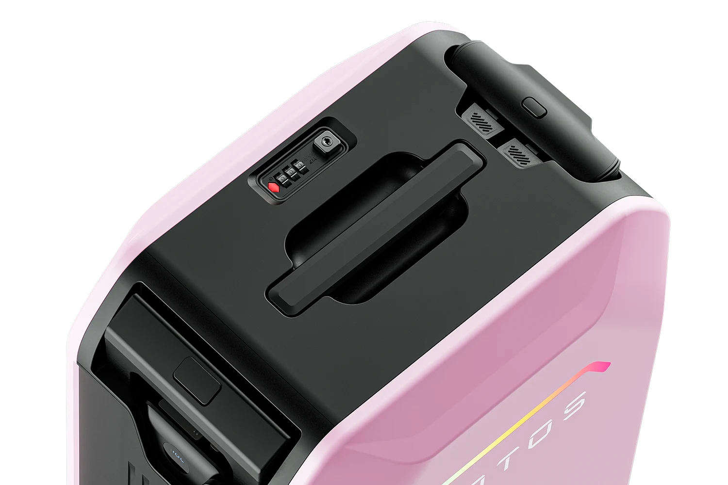 Top view of AOTOS L2 smart rideable suitcase showing TSA-approved combination lock, recessed carry handle and stowed joystick bar