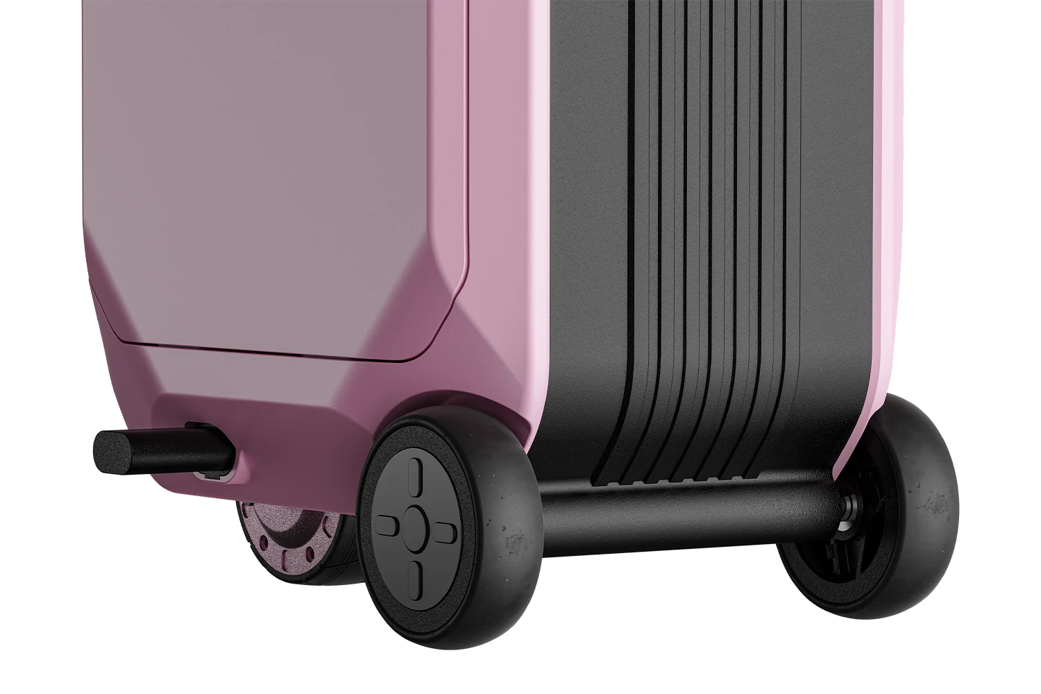 Side detail of AOTOS L2 ride-on luggage highlighting dual rear caster wheels, fold-out foot peg and ribbed anti-scratch body