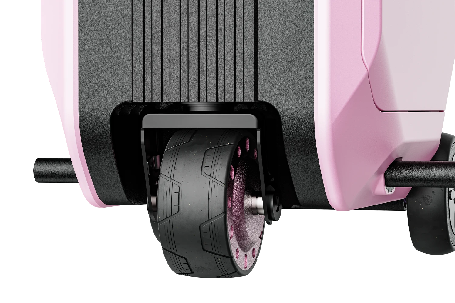 Heavy-duty central drive wheel with treaded rubber tire beneath the AOTOS L2 smart rideable luggage for smooth powered travel