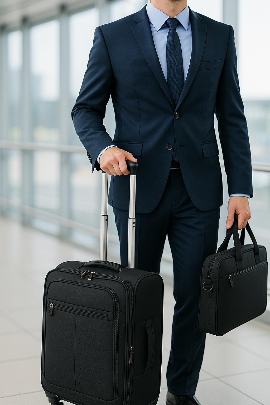 Businessman in a navy suit holding a soft-shell suitcase and briefcase in an airport terminal.