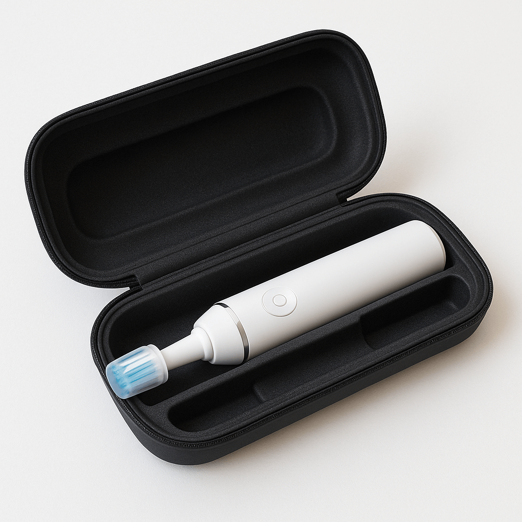 Electric toothbrush in a protective travel case ready for luggage.