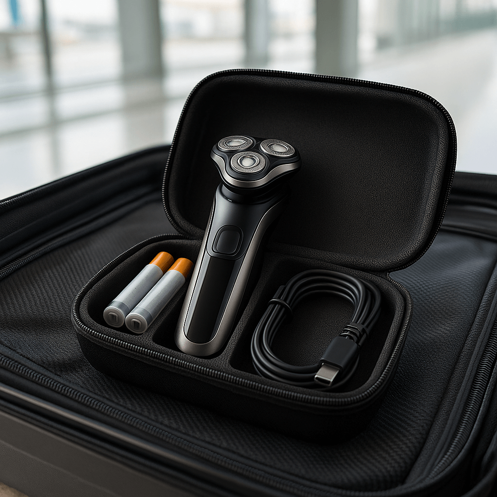Electric shaver and spare batteries neatly packed in a foam-lined travel case inside a carry-on suitcase.