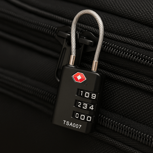Close-up of a black suitcase secured with a TSA-approved cable combination lock showing the red Travel Sentry logo and TSA007 marking.