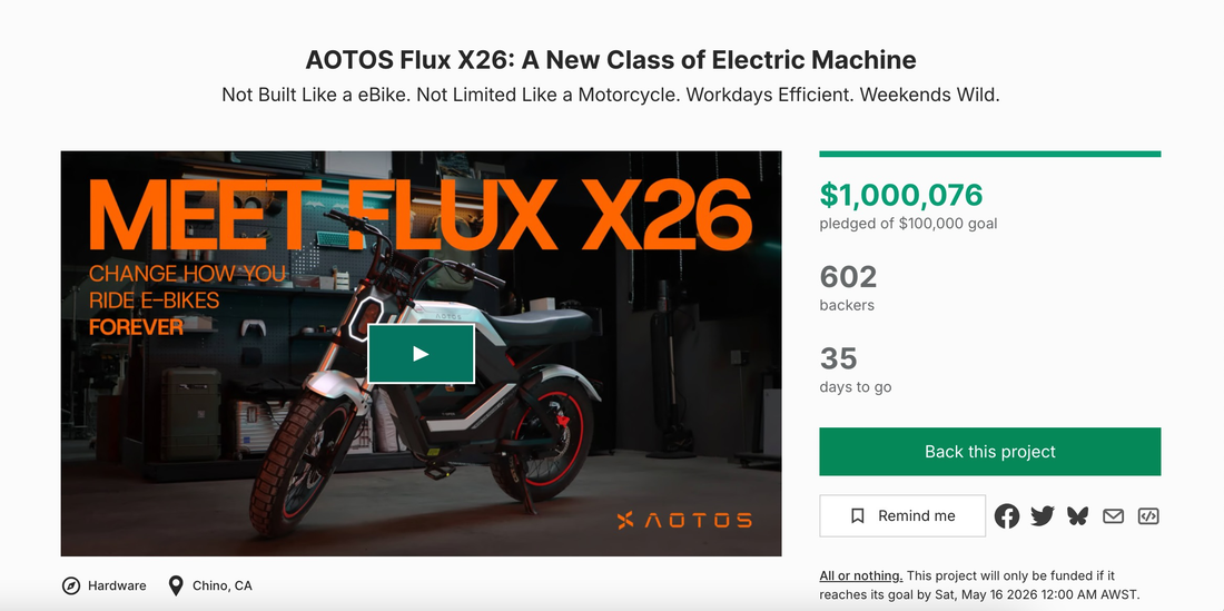 AOTOS Flux X26 Hits $1M on Kickstarter | Smart E-Bike & Electric Moto Bike