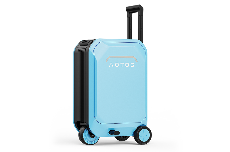 AOTOS sky-blue electric ride-on suitcase — smart motorized carry-on luggage with telescopic handle and dual-drive wheels