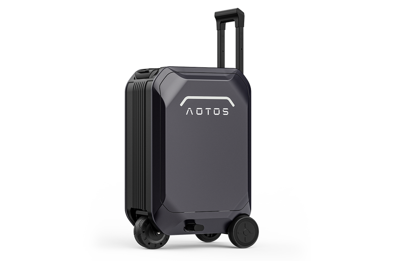 Midnight-black AOTOS L2 smart rideable suitcase — angled product shot highlighting LED front logo, extendable pull handle and dual-wheel drive system